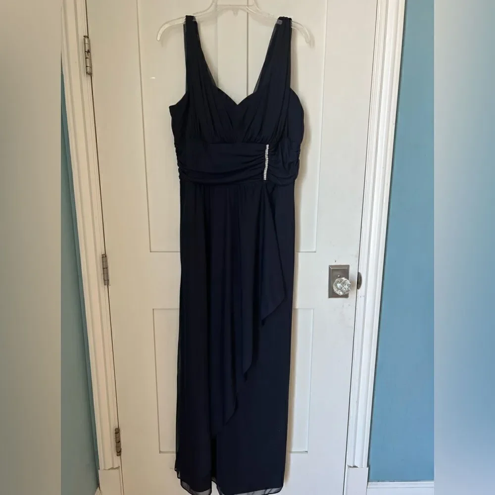 Betsy & Adam Navy Blue Full Length Chiffon Prom Bridesmaid Dress Gown sz 12